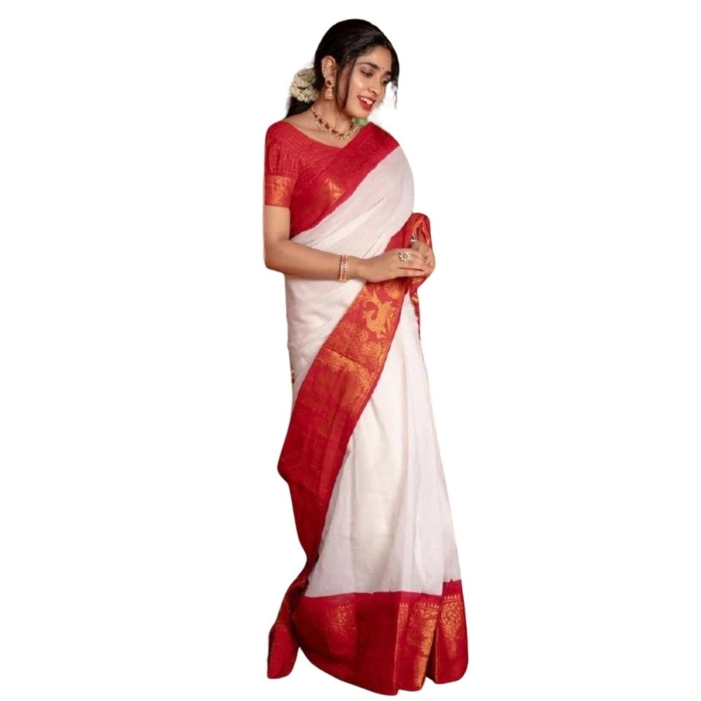 Women's Silk Printed Saree With Unstitched Blouse 5.5Mtr (White) - VANSHELLE