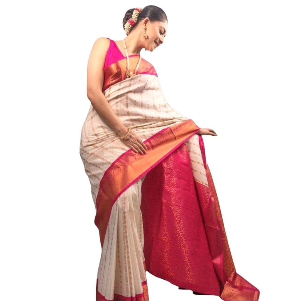 Women'S Silk Printed Saree With Unstitched Blouse 5.5Mtr (Whit