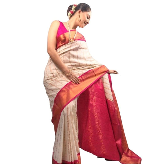 Women'S Silk Printed Saree With Unstitched Blouse 5.5Mtr (Whit