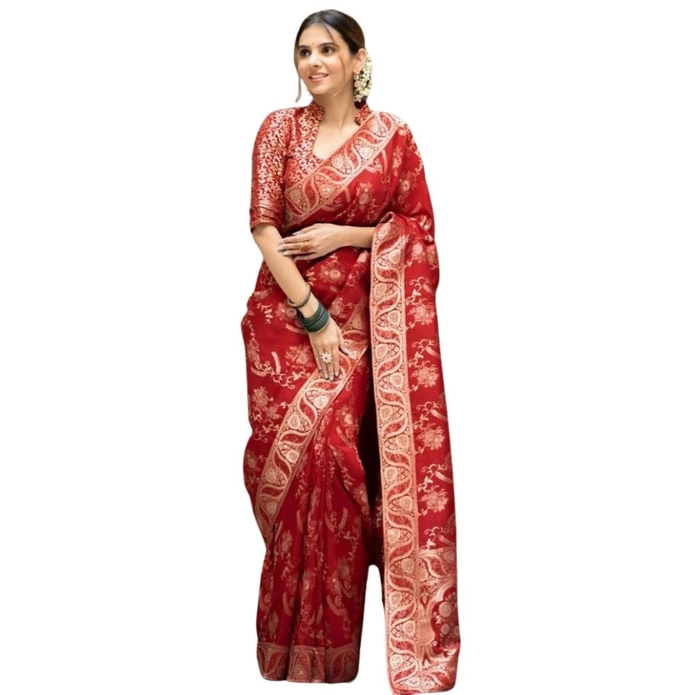 Women's Silk Printed Saree With Unstitched Blouse 5.5Mtr (Red) - VANSHELLE