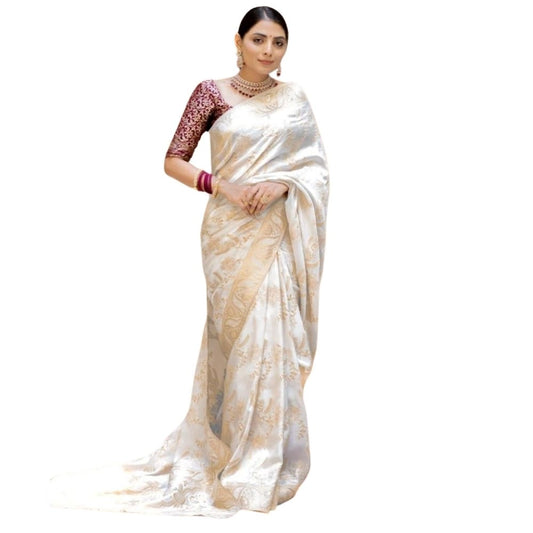 Women's Silk Printed Saree With Unstitched Blouse 5.5Mtr (White) - VANSHELLE