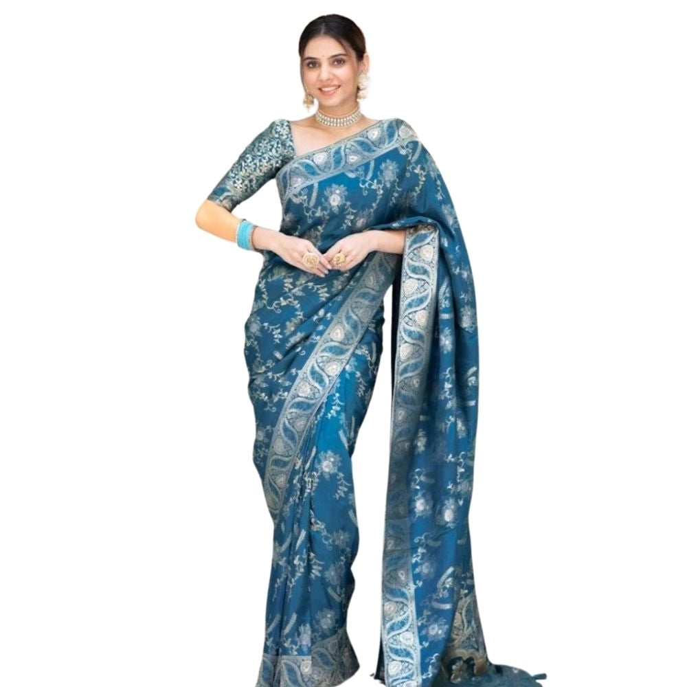 Women's Silk Printed Saree With Unstitched Blouse 5.5Mtr (Teal Blue) - VANSHELLE