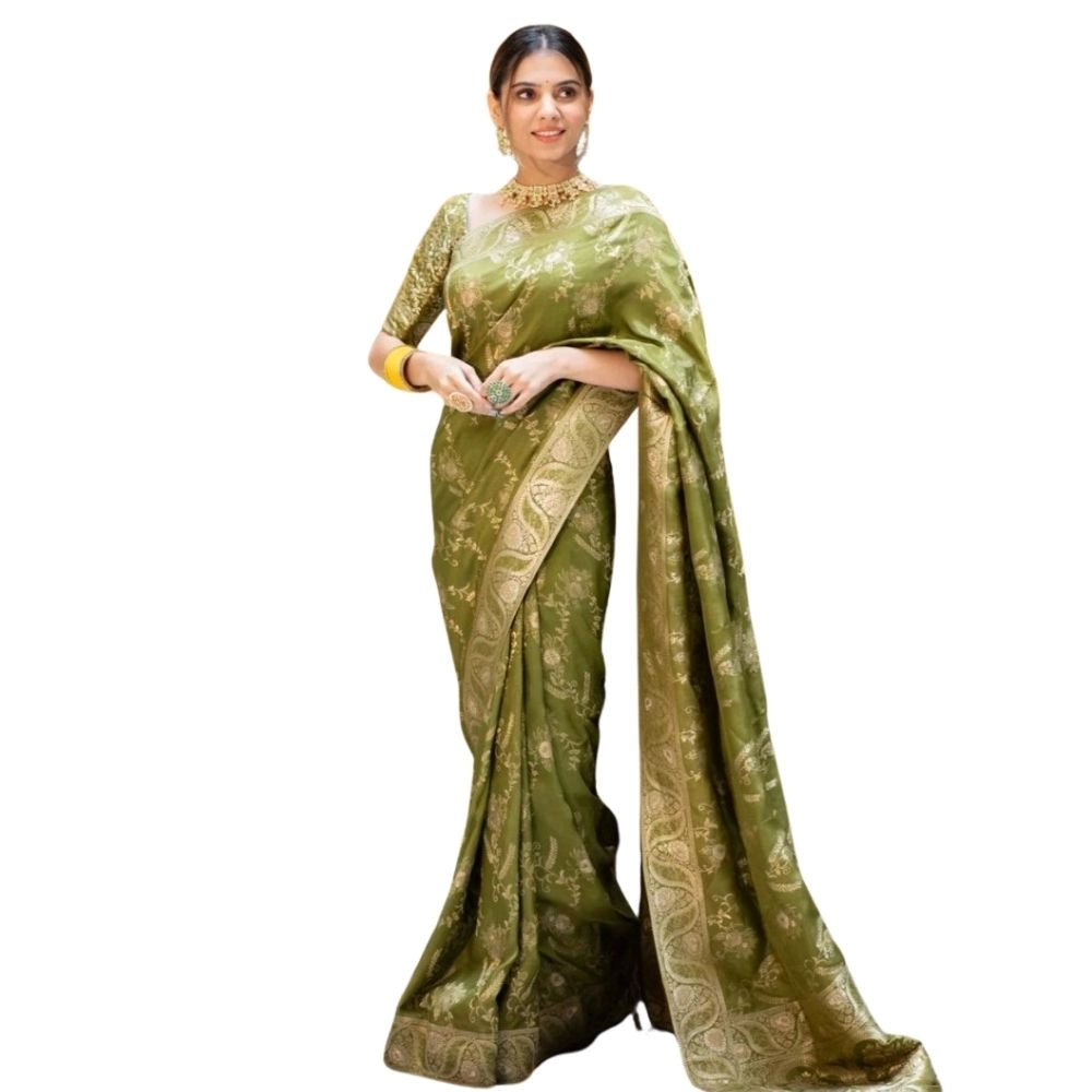 Women'S Silk Printed Saree With Unstitched Blouse 5.5Mtr (Oliv