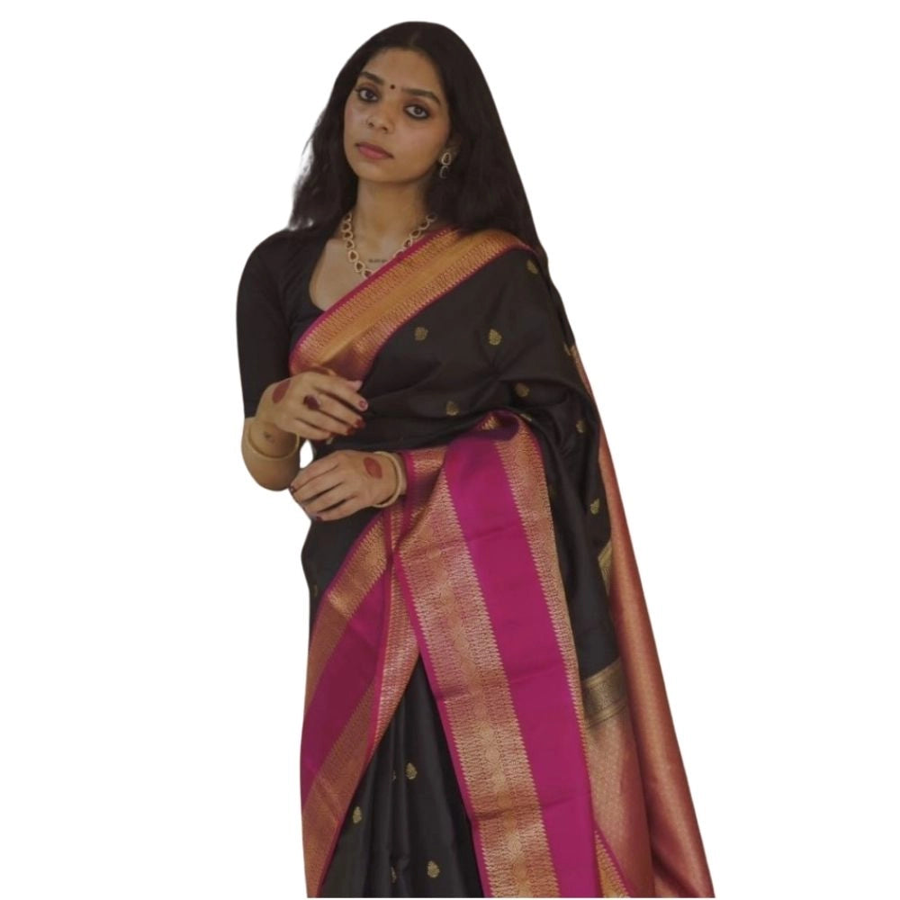 Women'S Silk Printed Saree With Unstitched Blouse 5.5Mtr (Blac