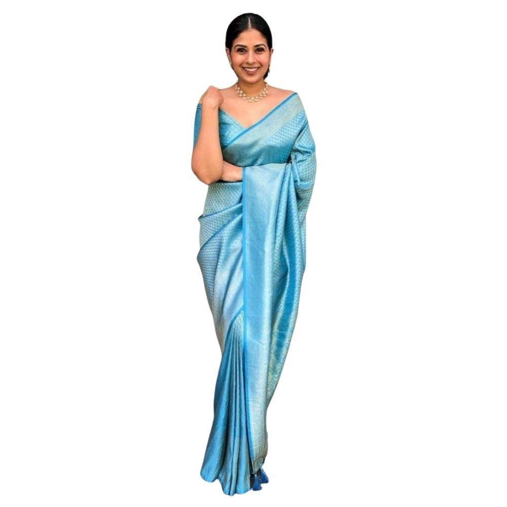 Women's Silk Printed Saree With Unstitched Blouse 5.5Mtr (Sky Blue) - VANSHELLE