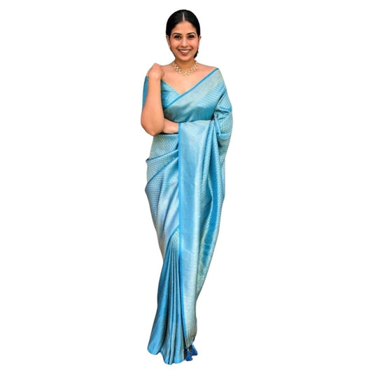 Women's Silk Printed Saree With Unstitched Blouse 5.5Mtr (Sky Blue) - VANSHELLE