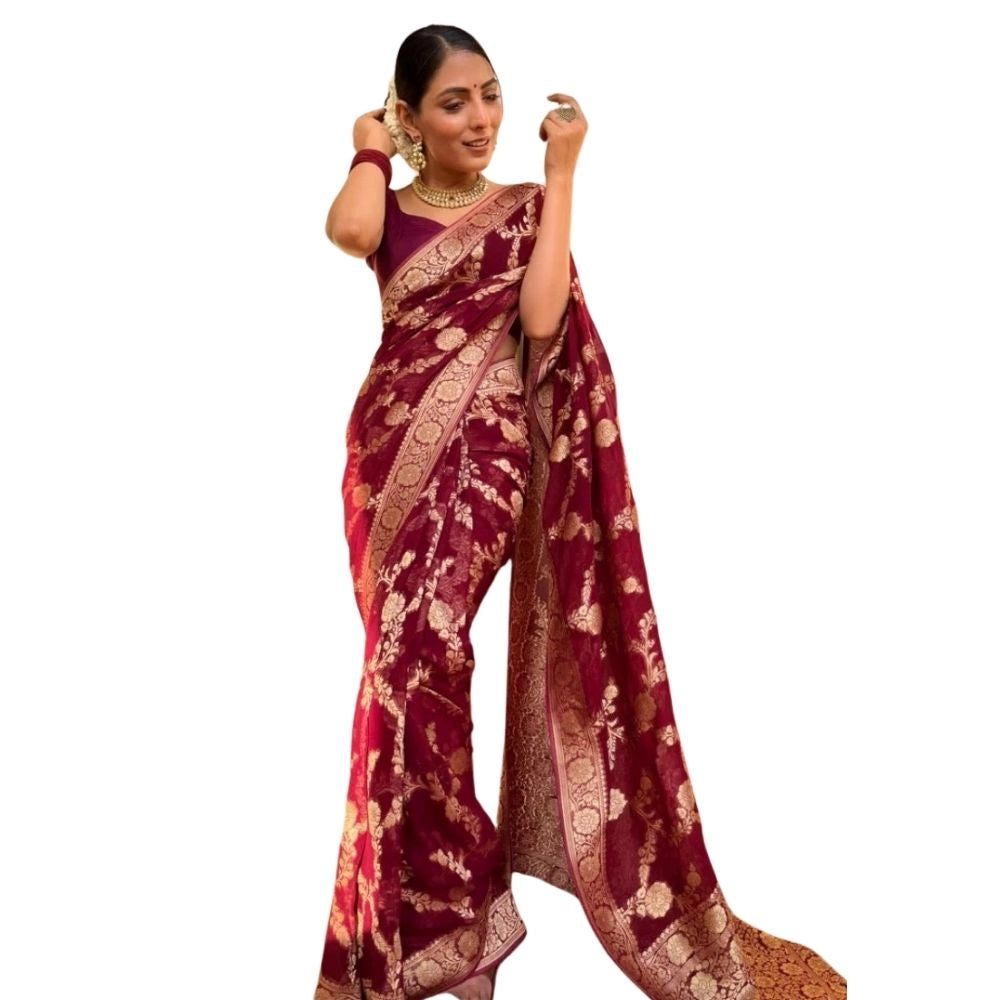 Women's Silk Printed Saree With Unstitched Blouse 5.5Mtr (Maroon) - VANSHELLE