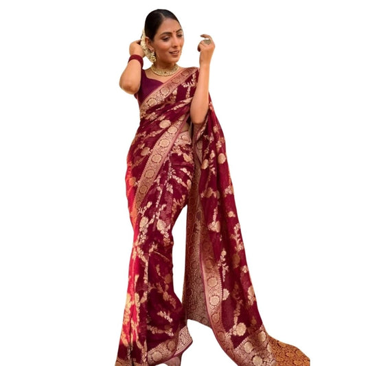 Women's Silk Printed Saree With Unstitched Blouse 5.5Mtr (Maroon) - VANSHELLE