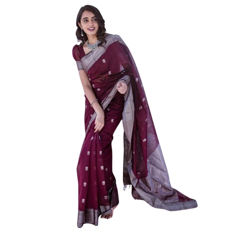 Women's Cotton Printed Saree With Unstitched Blouse 5.5Mtr (Maroon) - VANSHELLE