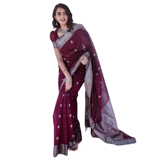 Women's Cotton Printed Saree With Unstitched Blouse 5.5Mtr (Maroon) - VANSHELLE
