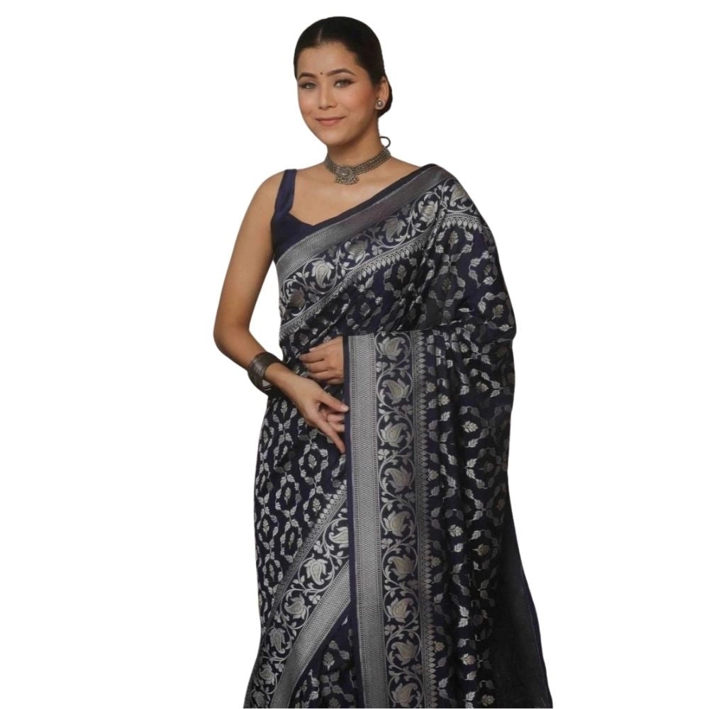 Women's Silk Printed Saree With Unstitched Blouse 5.5Mtr (Navy Blue) - VANSHELLE