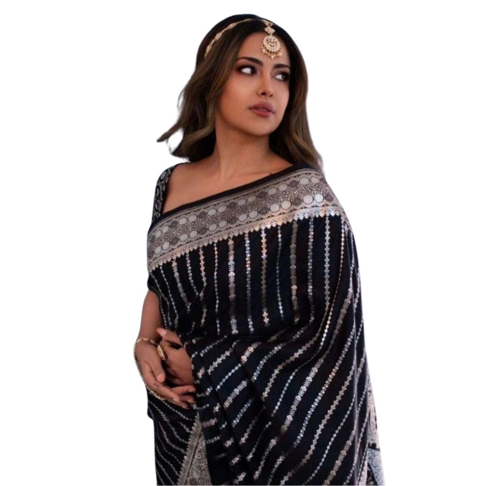 Women's Silk Printed Saree With Unstitched Blouse 5.5Mtr (Black) - VANSHELLE