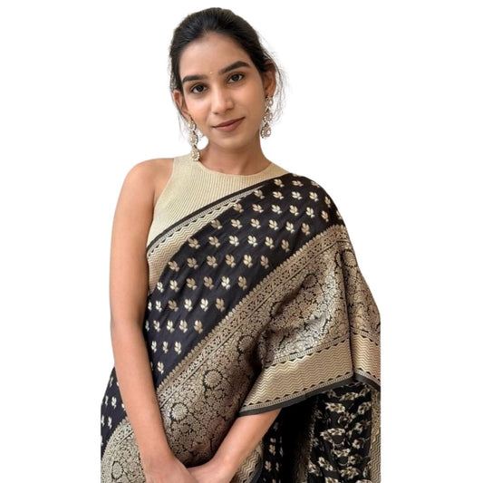 Women's Silk Printed Saree With Unstitched Blouse 5.5Mtr (Black) - VANSHELLE