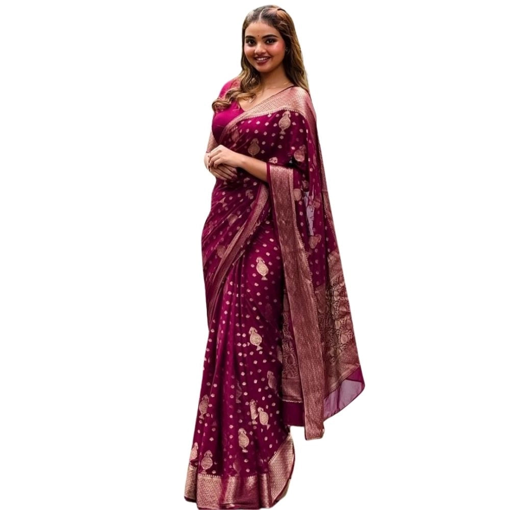 Women's Silk Printed Saree With Unstitched Blouse 5.5Mtr (Wine) - VANSHELLE