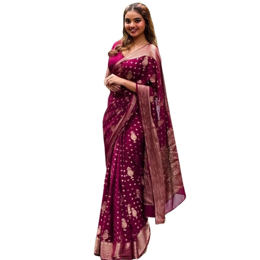 Women's Silk Printed Saree With Unstitched Blouse 5.5Mtr (Wine) - VANSHELLE
