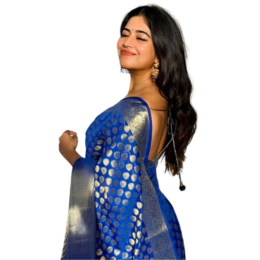 Women's Silk Printed Saree With Unstitched Blouse 5.5Mtr (Royal Blue) - VANSHELLE