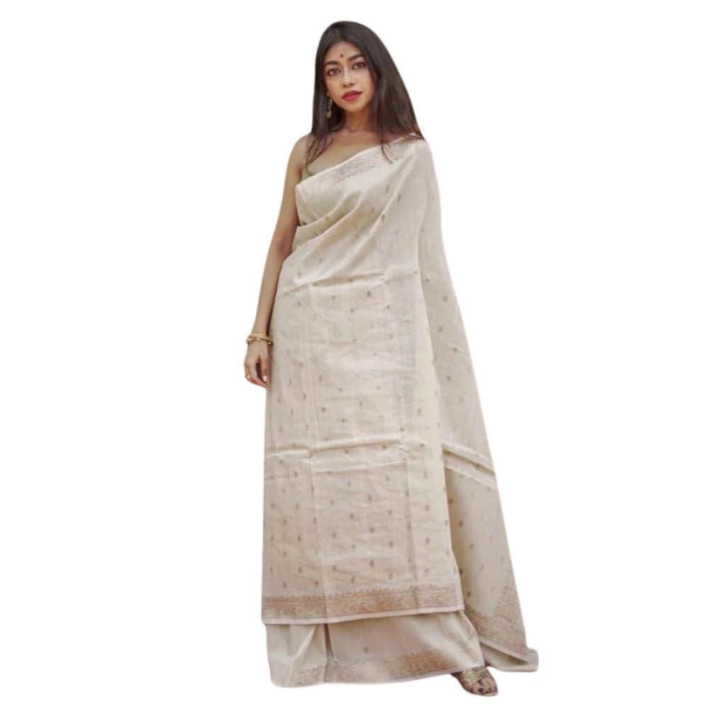 Women's Cotton Printed Saree With Unstitched Blouse 5.5Mtr (Cream) - VANSHELLE