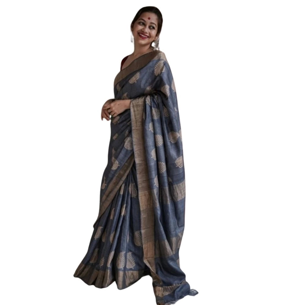 Women's Silk Printed Saree With Unstitched Blouse 5.5Mtr (Grey) - VANSHELLE