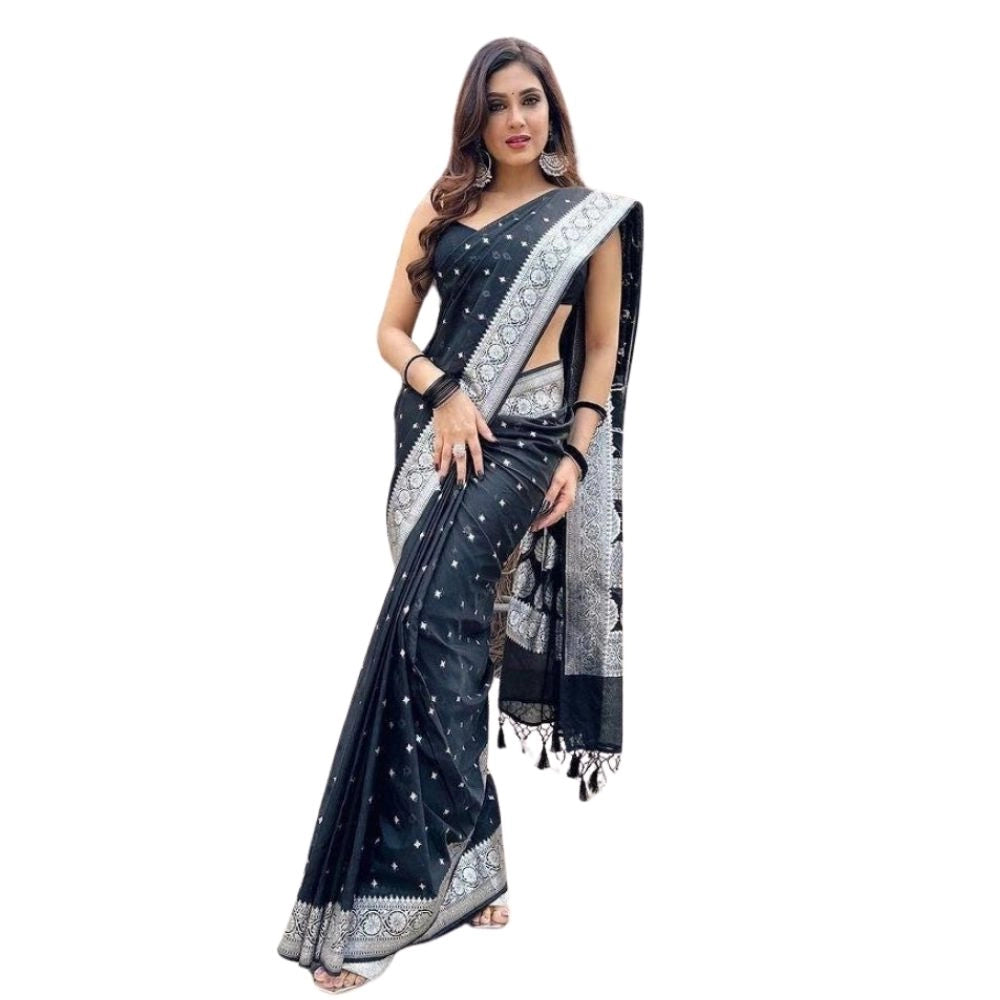 Women's Silk Printed Saree With Unstitched Blouse 5.5Mtr (Black) - VANSHELLE