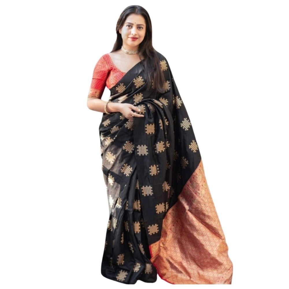 Women'S Silk Printed Saree With Unstitched Blouse 5.5Mtr (Blac