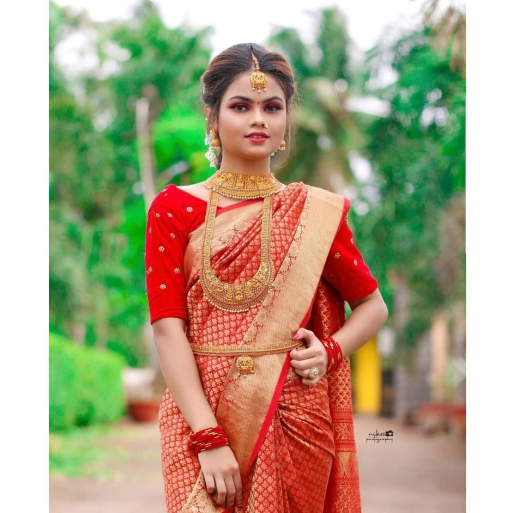 Women's Soft Lichi Silk Printed Saree With Unstitched Blouse 5.5Mtr (Red) - VANSHELLE
