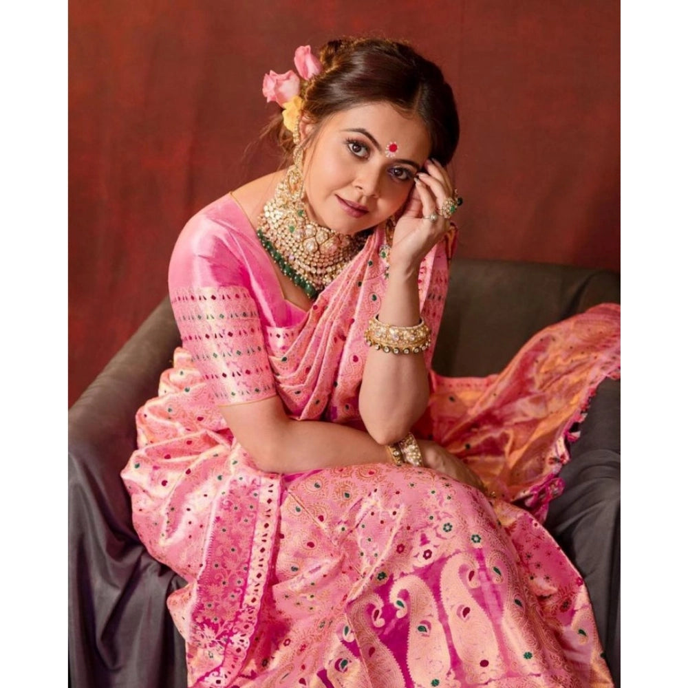 Women's Soft Lichi Silk Printed Saree With Unstitched Blouse 5.5Mtr (Pink) - VANSHELLE