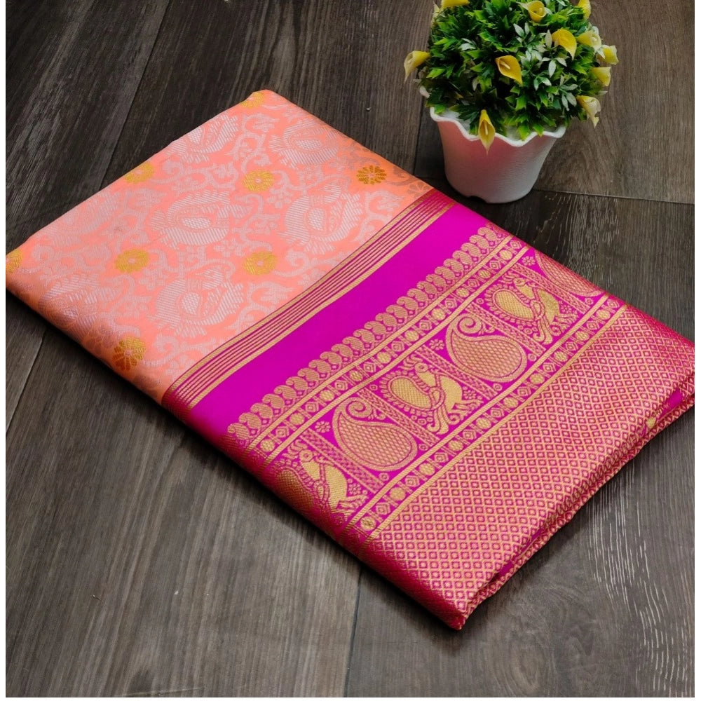 Women's Soft Lichi Silk Printed Saree With Unstitched Blouse 5.5Mtr (Pink) - VANSHELLE