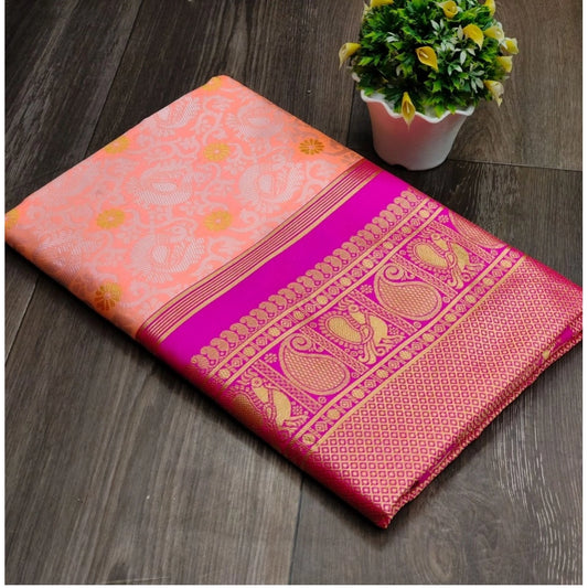 Women's Soft Lichi Silk Printed Saree With Unstitched Blouse 5.5Mtr (Pink) - VANSHELLE