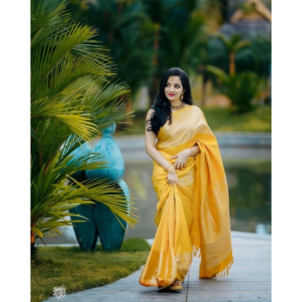 Women's Soft Lichi Silk Printed Saree With Unstitched Blouse 5.5Mtr (Yellow) - VANSHELLE