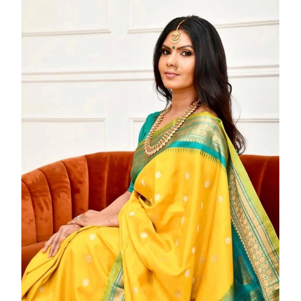 Women's Soft Lichi Silk Printed Saree With Unstitched Blouse 5.5Mtr (Yellow) - VANSHELLE