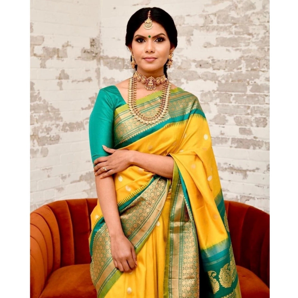 Women's Soft Lichi Silk Printed Saree With Unstitched Blouse 5.5Mtr (Yellow) - VANSHELLE