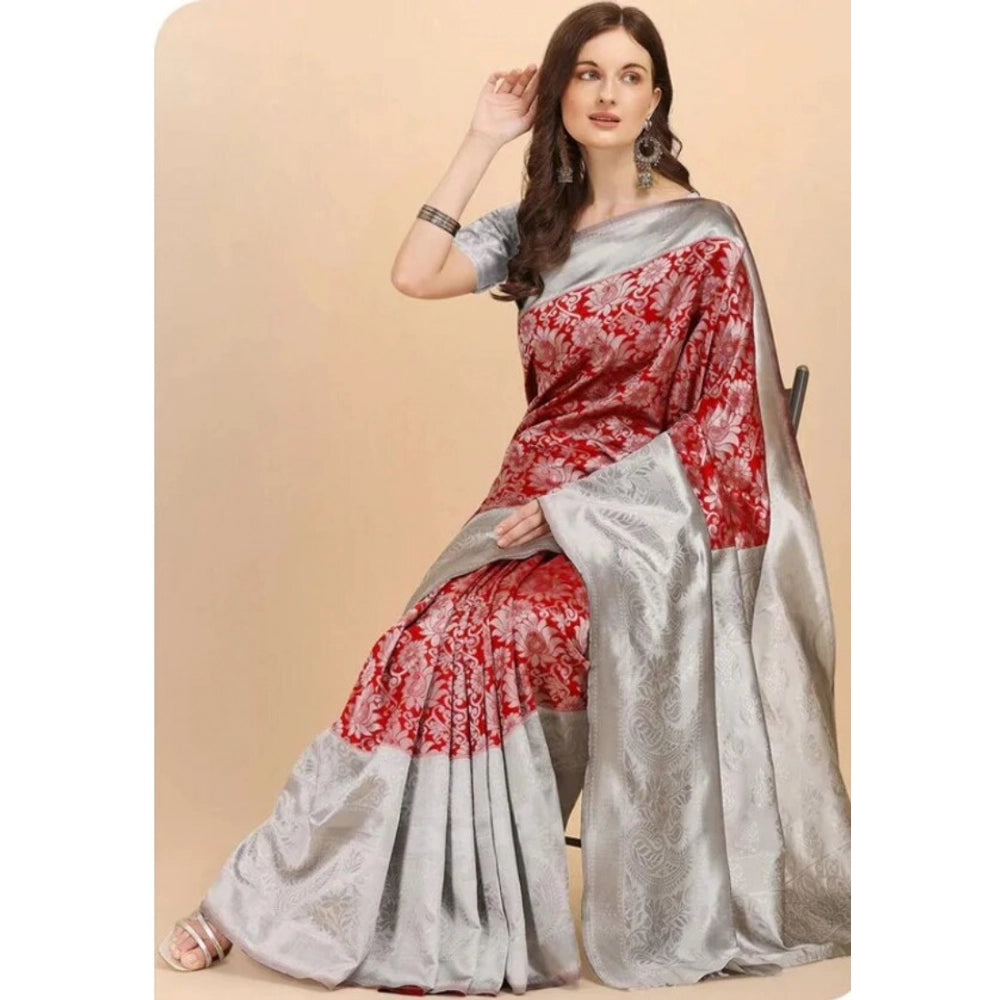 Women's Soft Lichi Silk Printed Saree With Unstitched Blouse 5.5Mtr (Red) - VANSHELLE