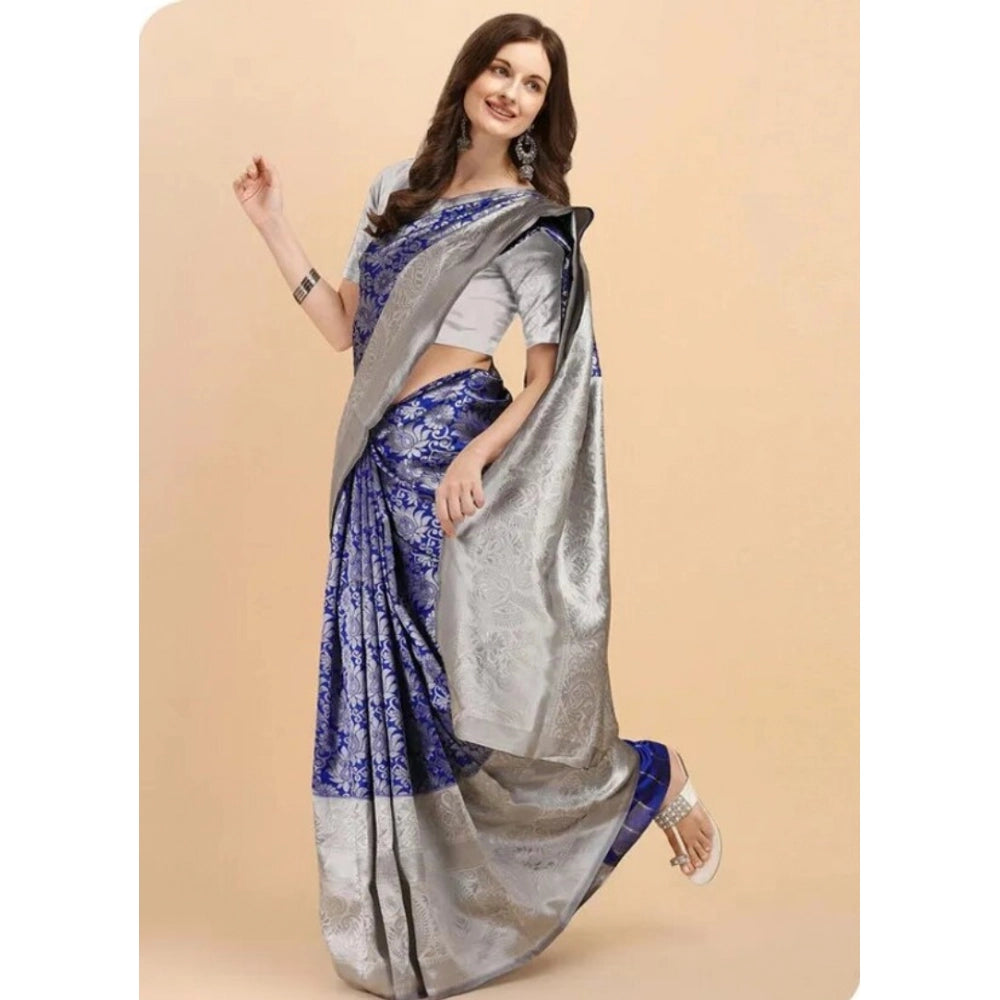 Women's Soft Lichi Silk Printed Saree With Unstitched Blouse 5.5Mtr (Blue) - VANSHELLE