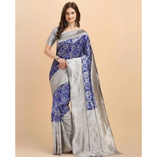Women's Soft Lichi Silk Printed Saree With Unstitched Blouse 5.5Mtr (Blue) - VANSHELLE