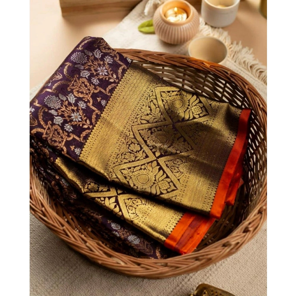 Women's Soft Lichi Silk Printed Saree With Unstitched Blouse 5.5Mtr (Purple) - VANSHELLE