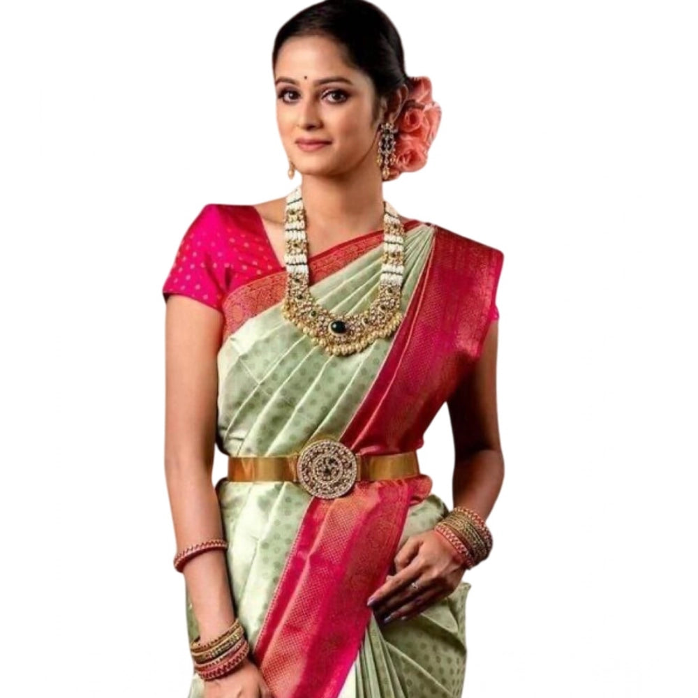 Women's Soft Lichi Silk Printed Saree With Unstitched Blouse 5.5Mtr (Light Green) - VANSHELLE