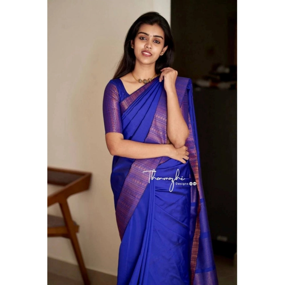 Women's Soft Lichi Silk Solid Saree With Unstitched Blouse 5.5Mtr (Blue) - VANSHELLE