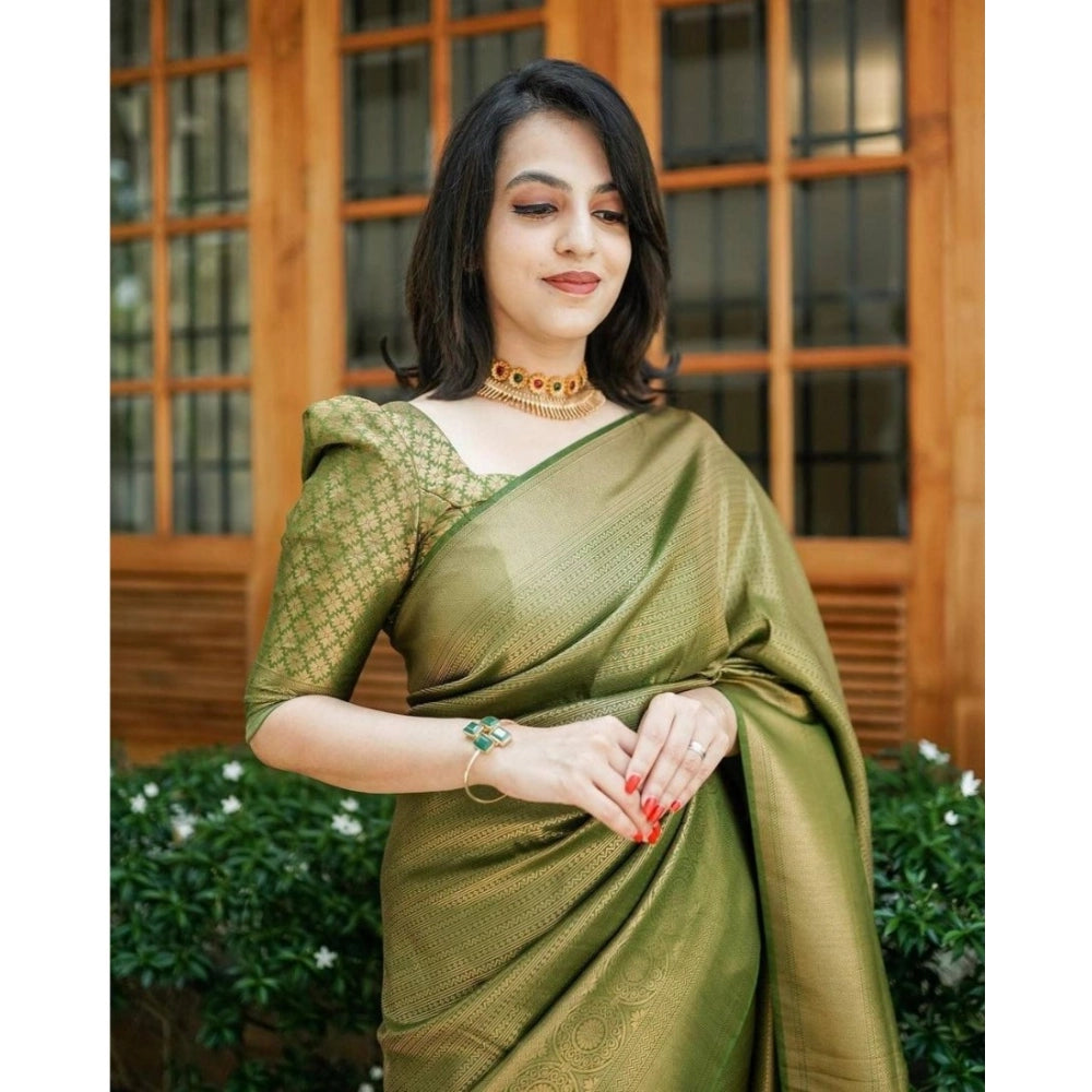 Women's Soft Lichi Silk Printed Saree With Unstitched Blouse 5.5Mtr (Green) - VANSHELLE