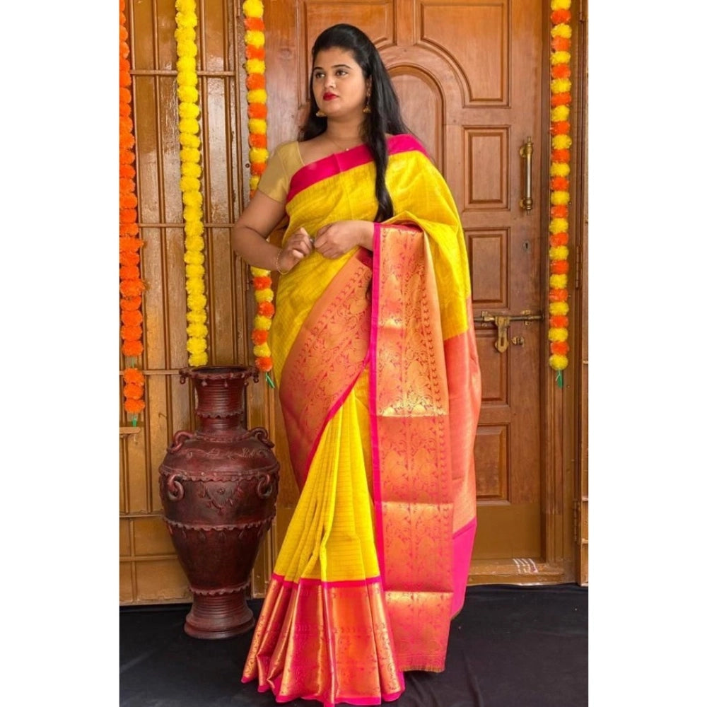 Women's Soft Lichi Silk Printed Saree With Unstitched Blouse 5.5Mtr (Yellow) - VANSHELLE