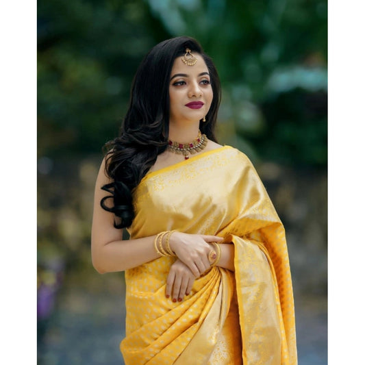 Women's Soft Lichi Silk Printed Saree With Unstitched Blouse 5.5Mtr (Yellow) - VANSHELLE