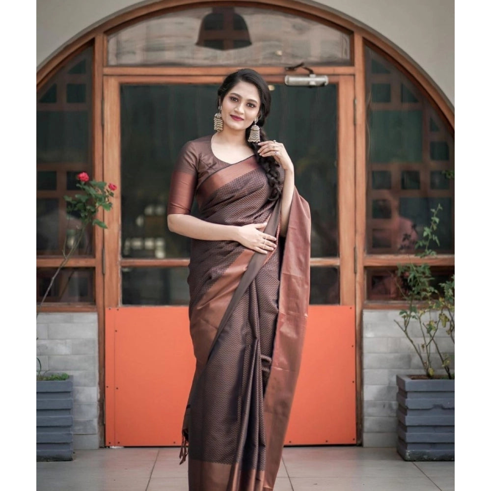Women's Soft Lichi Silk Printed Saree With Unstitched Blouse 5.5Mtr (Brown) - VANSHELLE