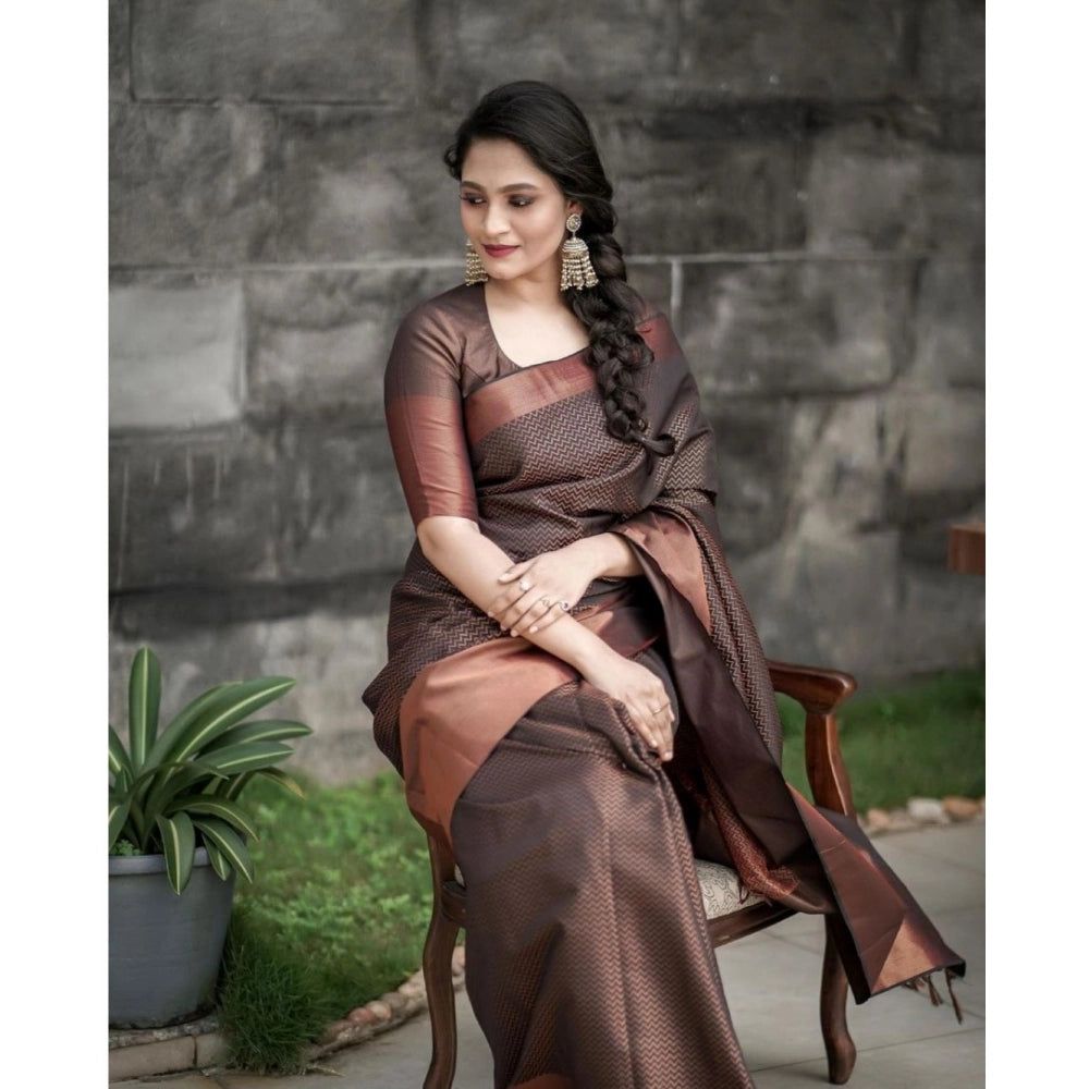 Women's Soft Lichi Silk Printed Saree With Unstitched Blouse 5.5Mtr (Brown) - VANSHELLE