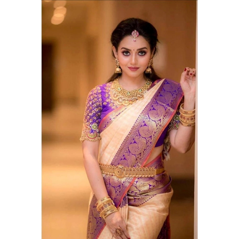 Women's Soft Lichi Silk Printed Saree With Unstitched Blouse 5.5Mtr (Purple) - VANSHELLE