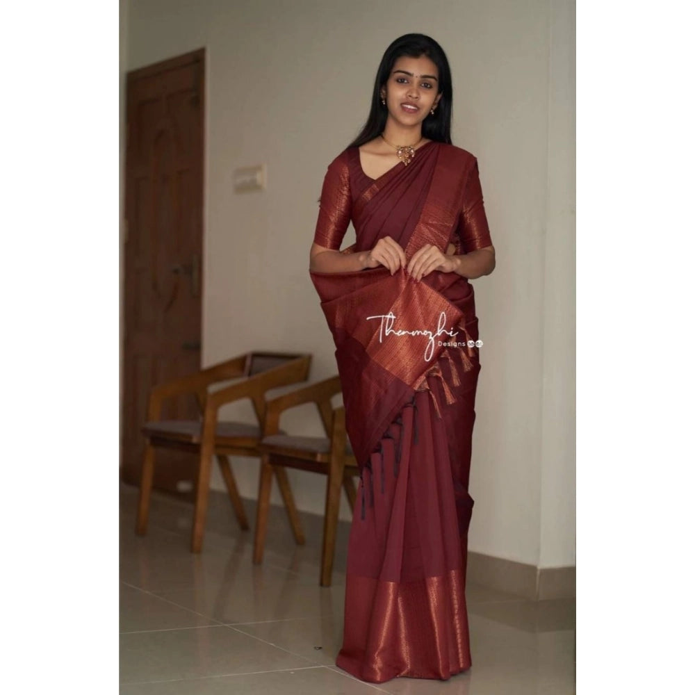Women's Soft Lichi Silk Solid Saree With Unstitched Blouse 5.5Mtr (Maroon) - VANSHELLE