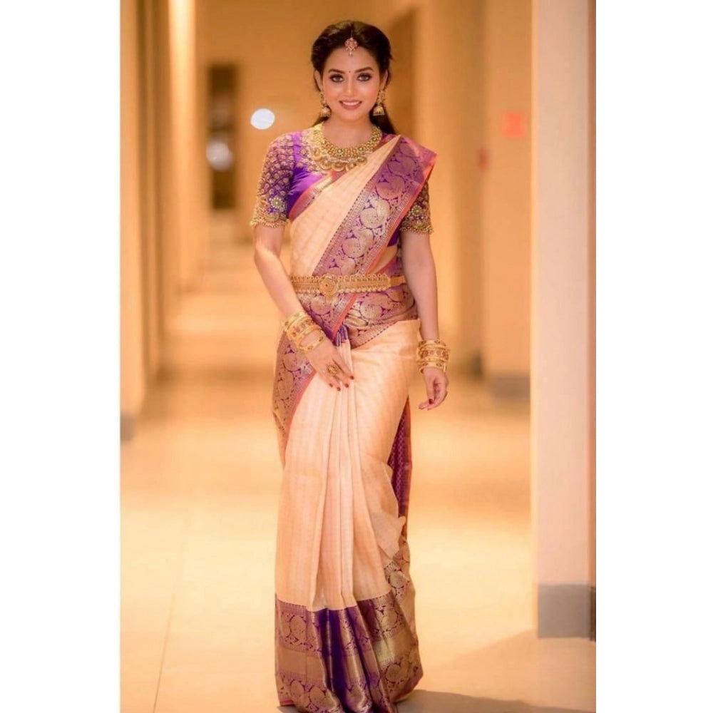 Women's Soft Lichi Silk Printed Saree With Unstitched Blouse 5.5Mtr (Purple) - VANSHELLE