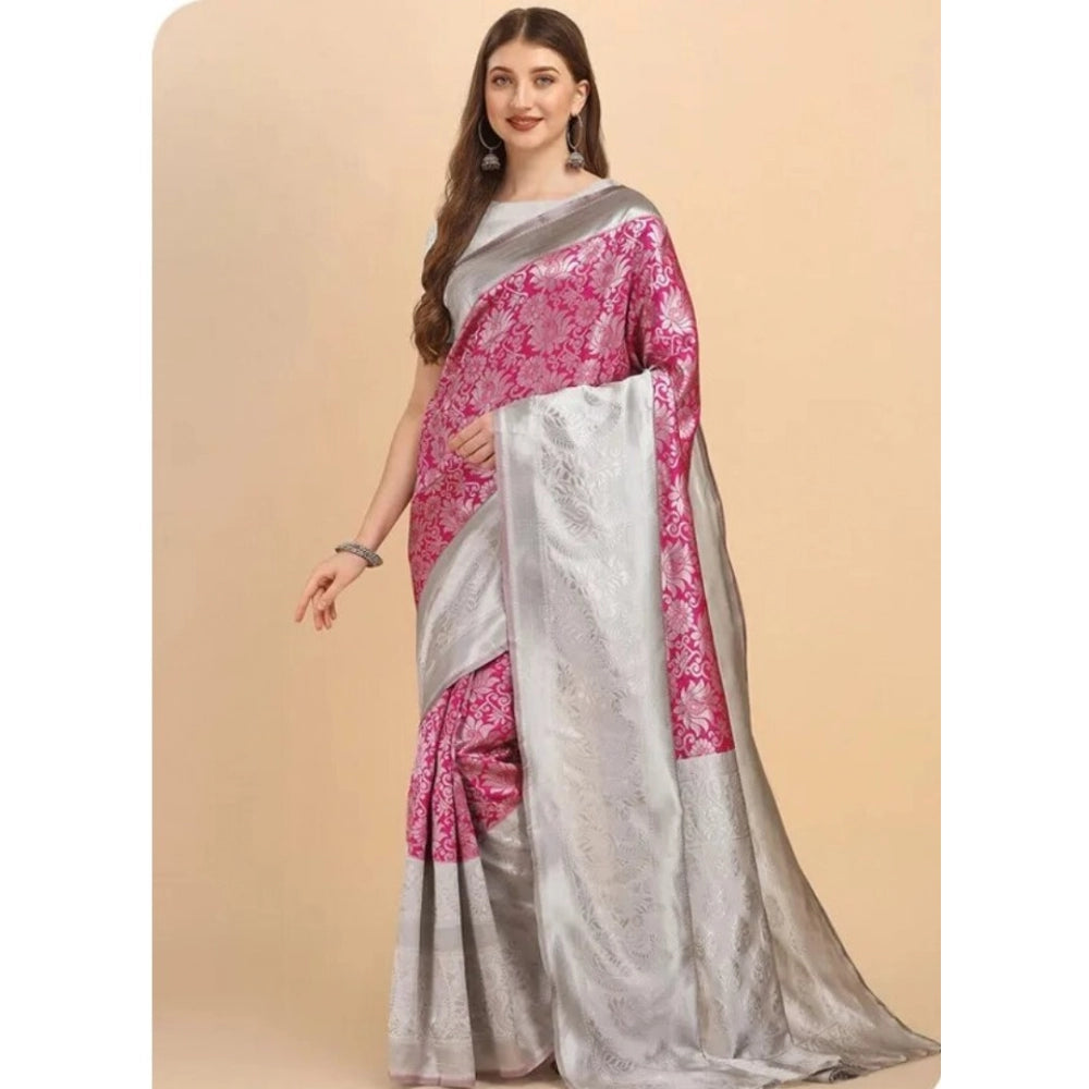 Women's Soft Lichi Silk Printed Saree With Unstitched Blouse 5.5Mtr (Pink) - VANSHELLE