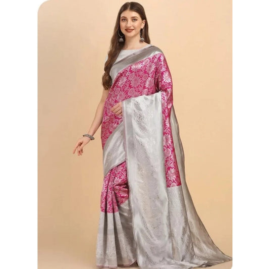 Women's Soft Lichi Silk Printed Saree With Unstitched Blouse 5.5Mtr (Pink) - VANSHELLE
