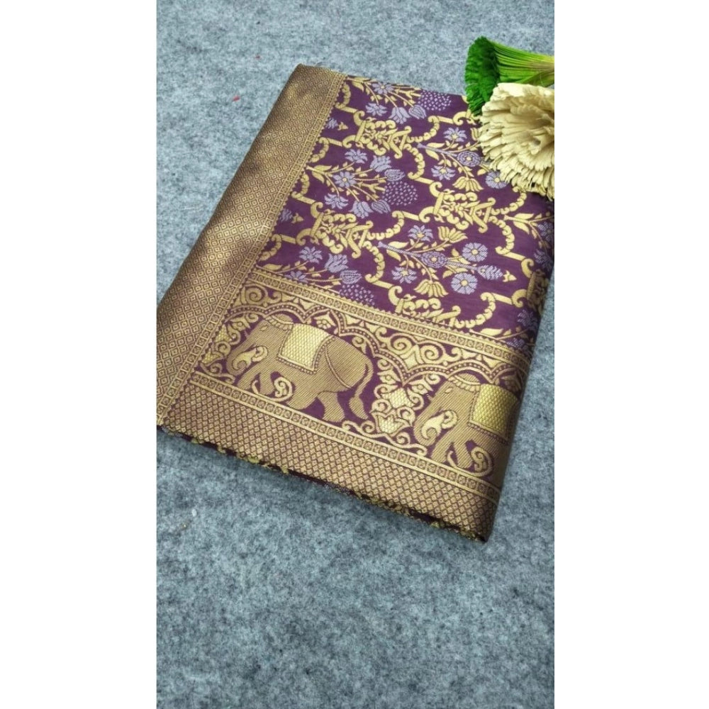 Women's Soft Lichi Silk Printed Saree With Unstitched Blouse 5.5Mtr (Purple) - VANSHELLE