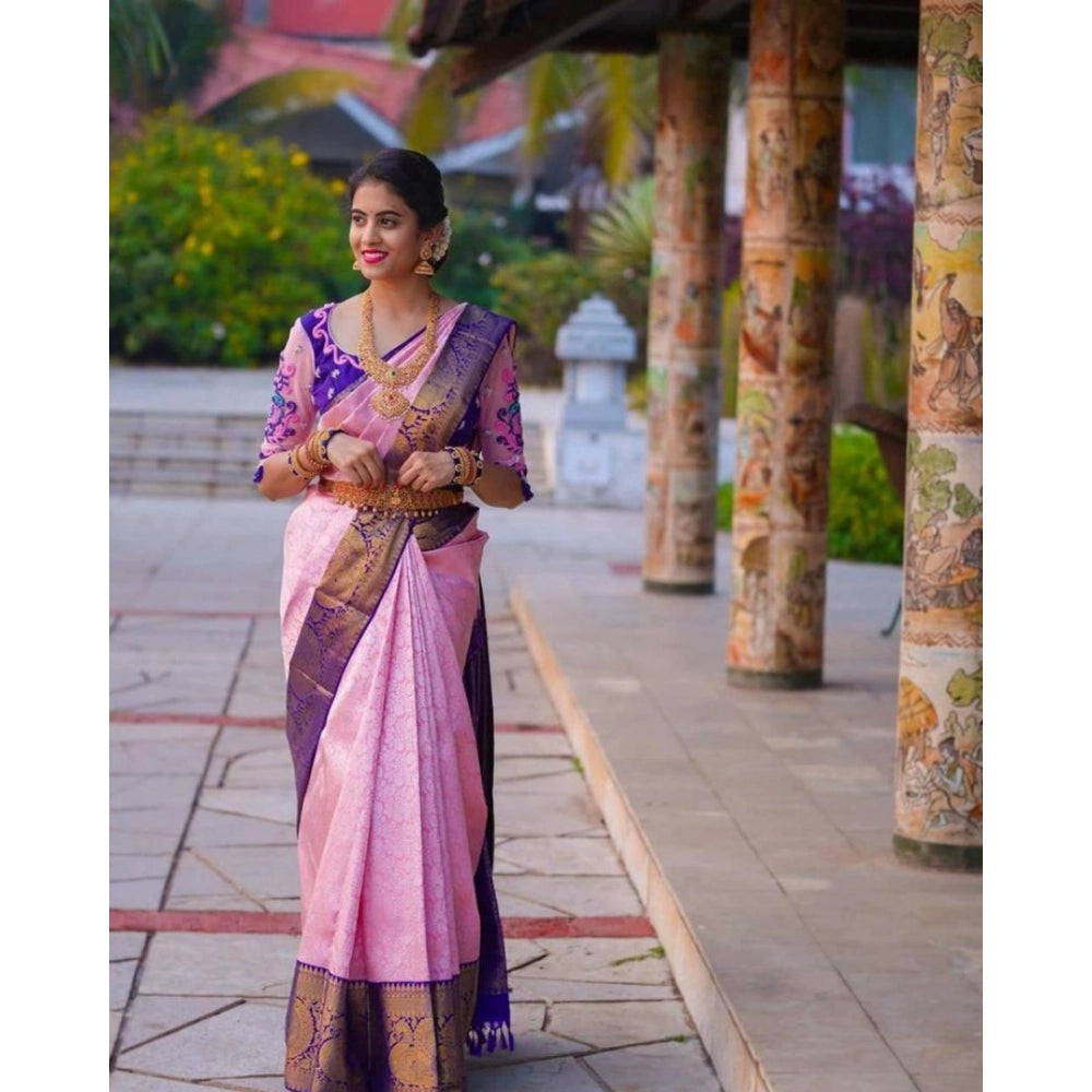 Women's Soft Lichi Silk Printed Saree With Unstitched Blouse 5.5Mtr (Purple) - VANSHELLE