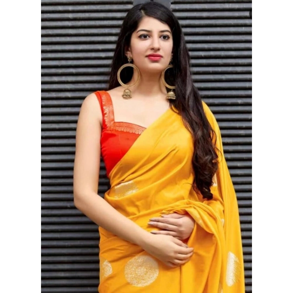 Women's Soft Lichi Silk Printed Saree With Unstitched Blouse 5.5Mtr (Yellow) - VANSHELLE